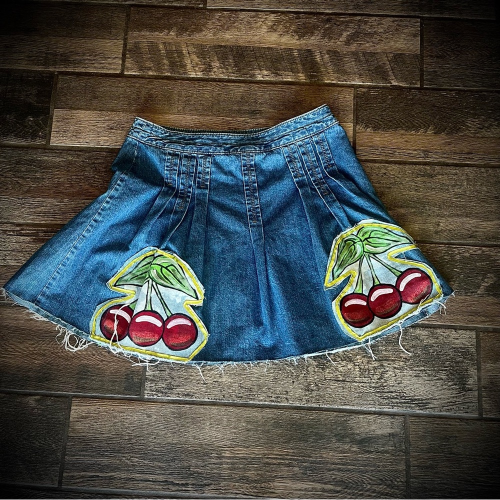Ann Taylor Loft blue Denim skirt with custom painted cherries  8